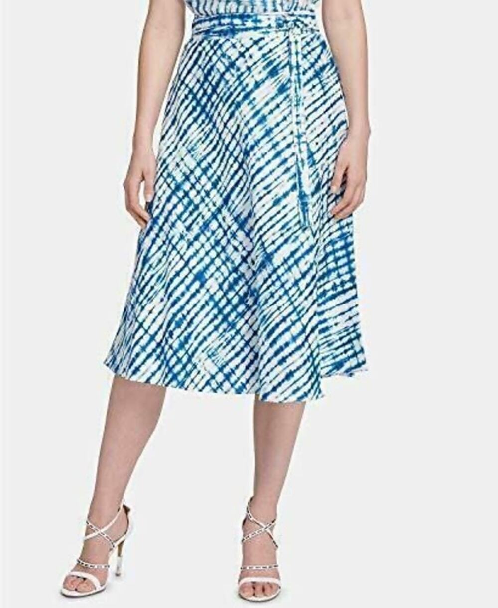 DKNY Linen Blue Tie Dye Print Belted A-Line Coastal Midi Skirt Size 2 NWT